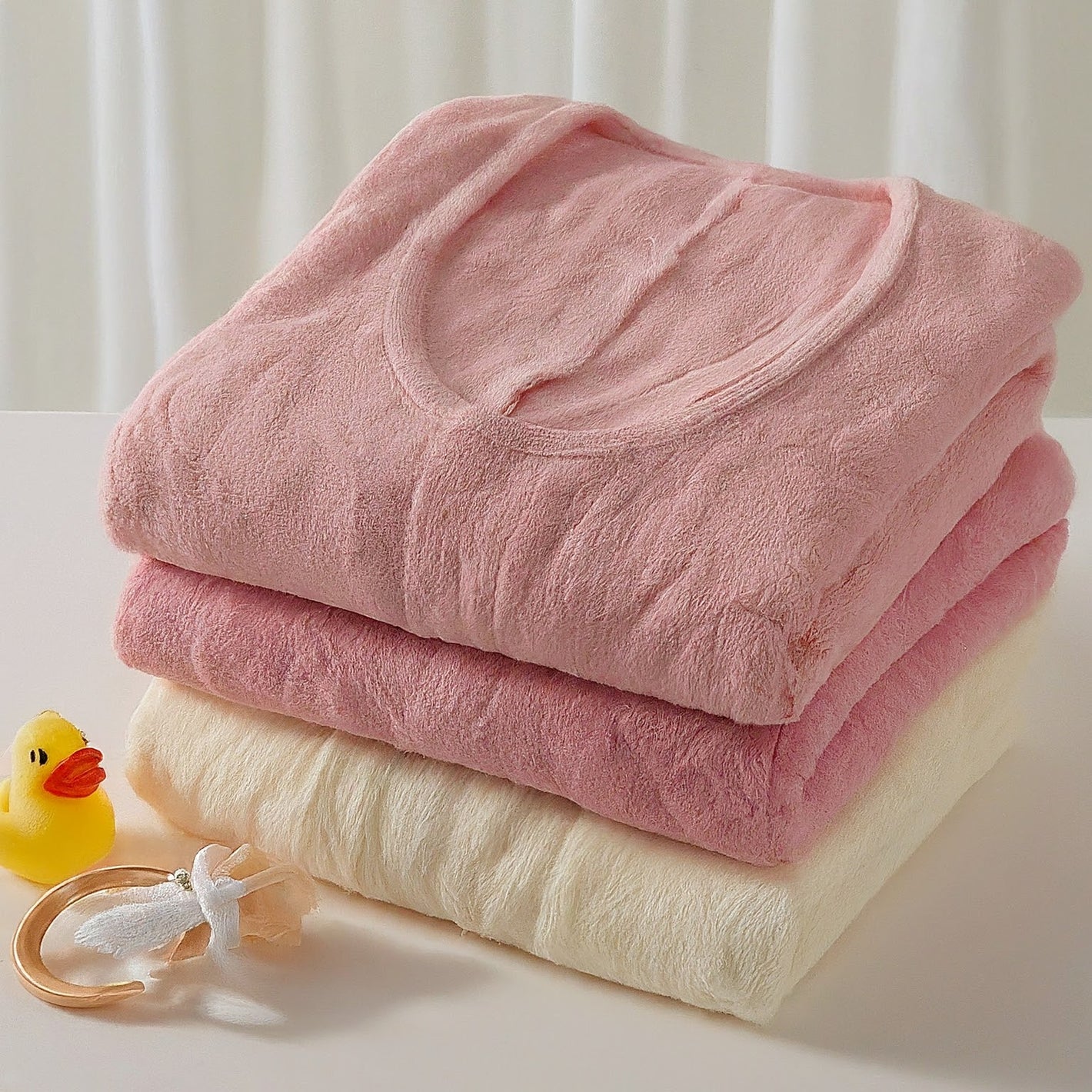 baby tops stacked on table 2 in pink and one in cream